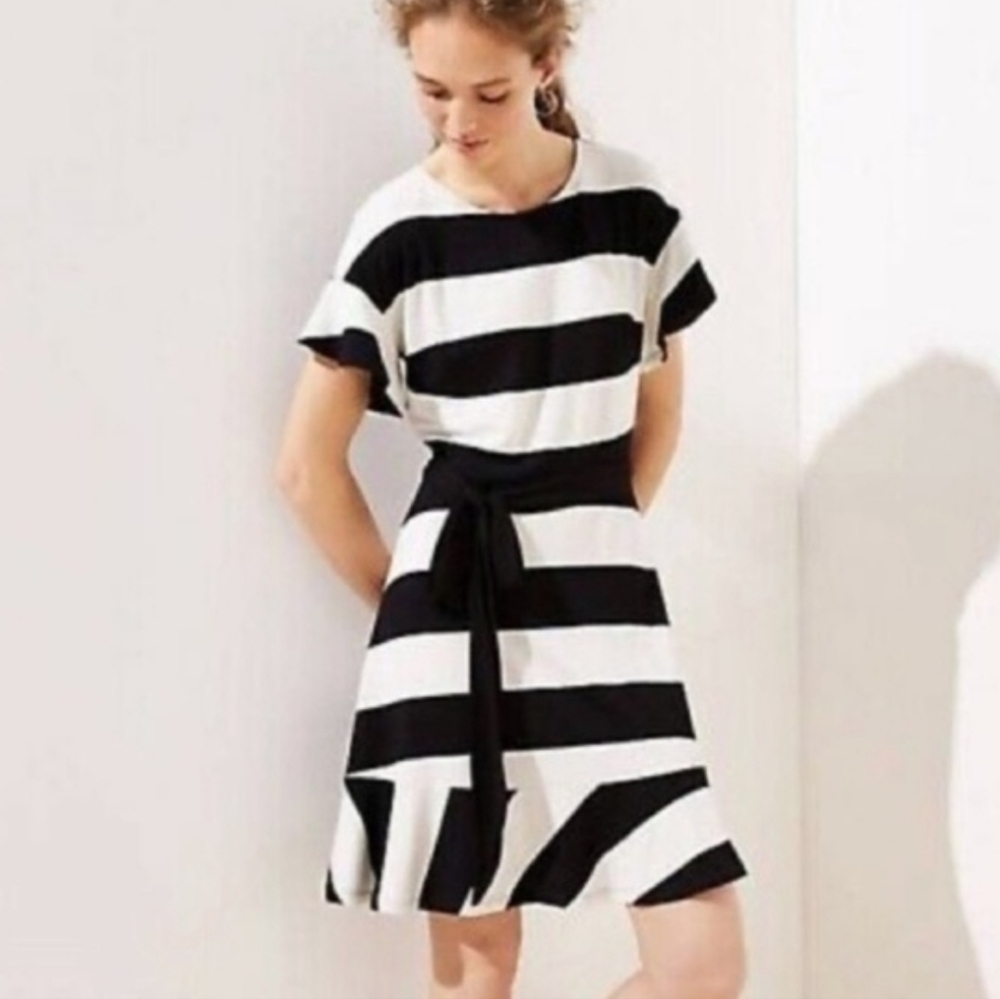LOFT Black & White Striped Flutter Sleeve Belted Ruffle Dress, Size 6 Petites - Picture 9 of 9